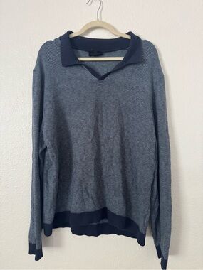 Magaschoni Navy Blue Textured V-Neck Sweater with Polo Collar